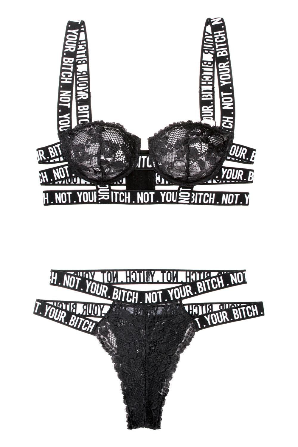 Set Lenjerie Fantasy Lingerie Not Your Bitch Negru - Flat lay produs, sutien si chilot separate pe fundal alb