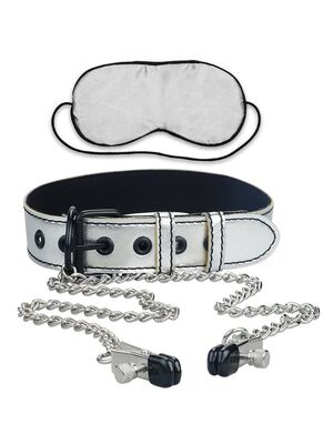 Set Bondage, Lovetoy, Metallic Silver Collar Nipple Clamp, masca ochi, metal, piele, poliester, argintiu, S-L
